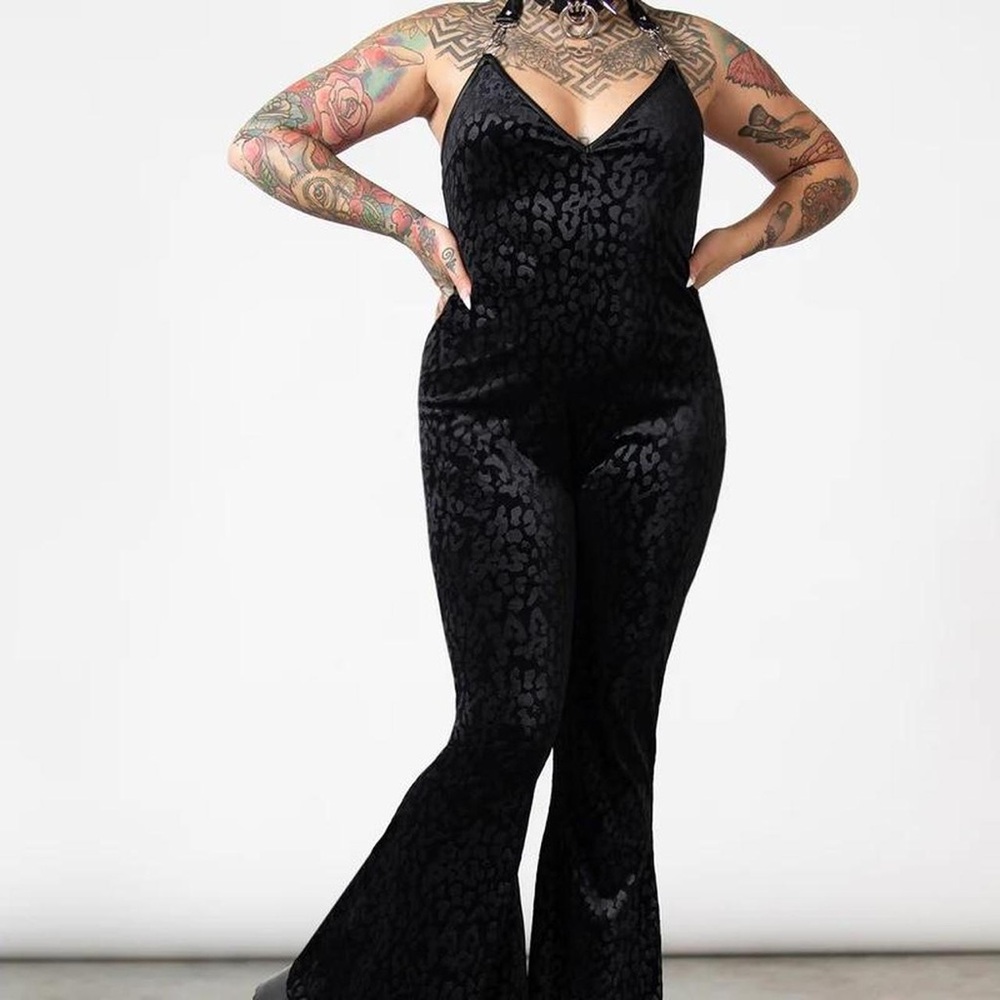 Killstar Velvet Leopard Print Halter Neck Backless Jumpsuit Black Size 4XL